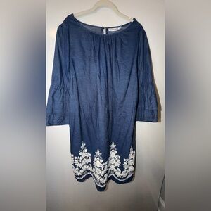 Westport Plus Size 14 W Blue Dress with Ivory Floral Embroidered Detail